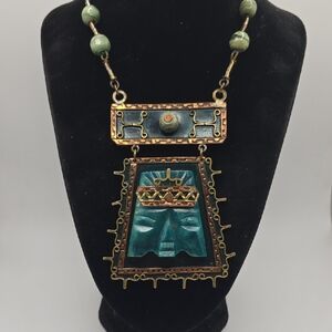 Artisan Vintage Mayan Aztec Native Green Jade and Gold Metal Pendant Necklace